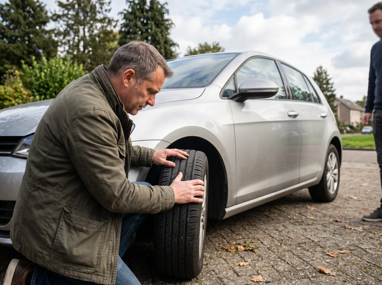 Un concessionario controlla lo pneumatico di un'auto usata