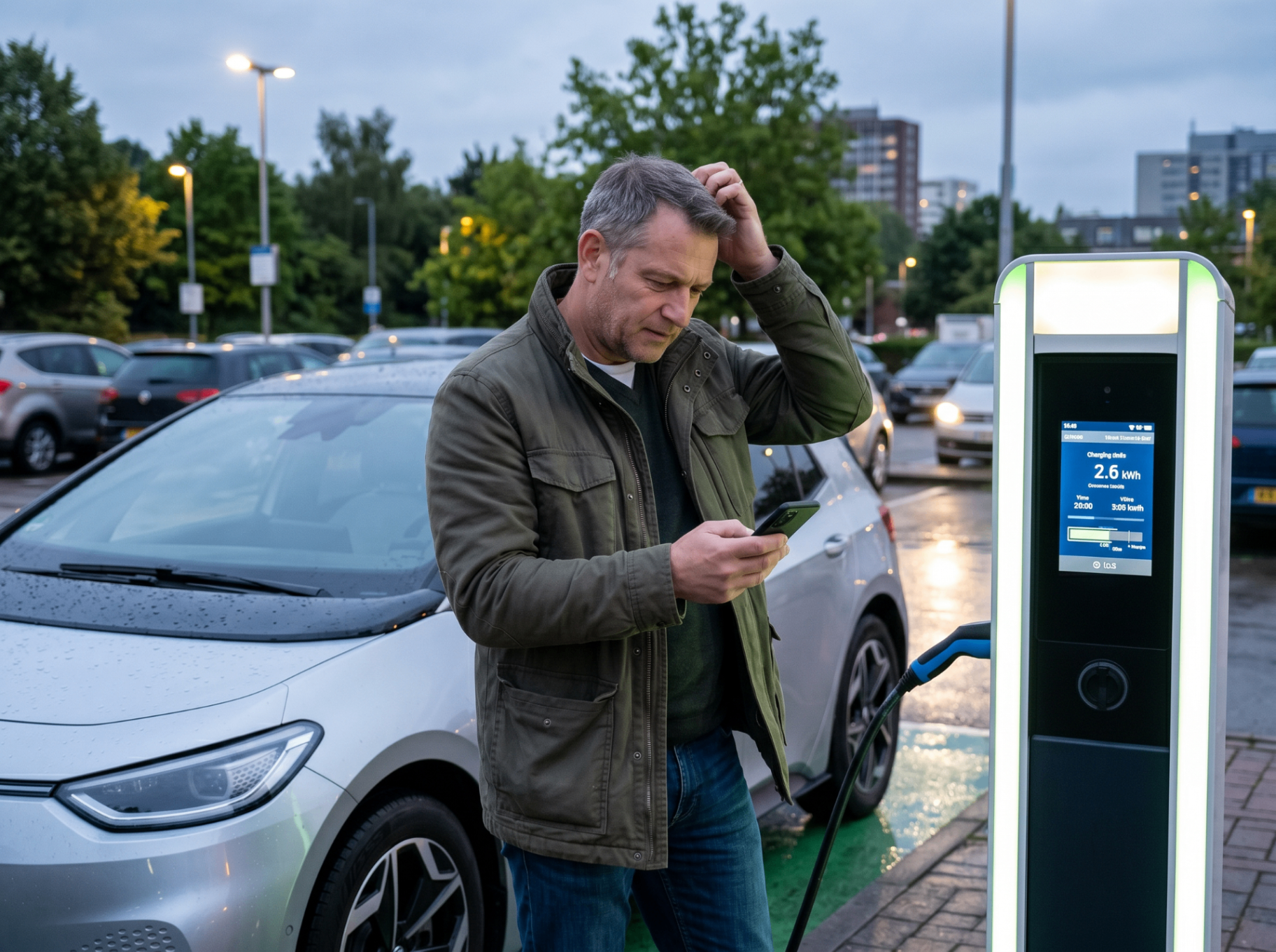 E-Auto-Fahrer prüft Ladekosten an einer öffentlichen Ladesäule