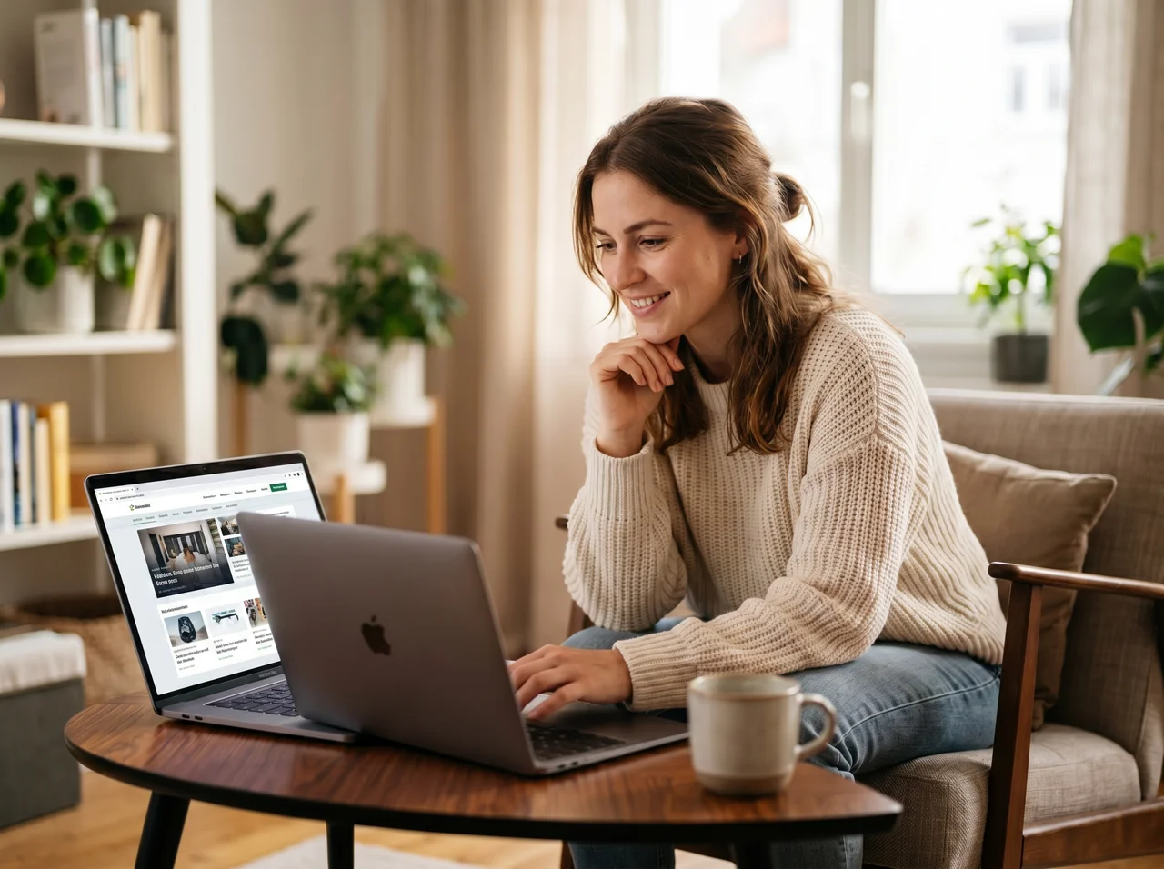 Frau beantragt Autofinanzierung online am Laptop