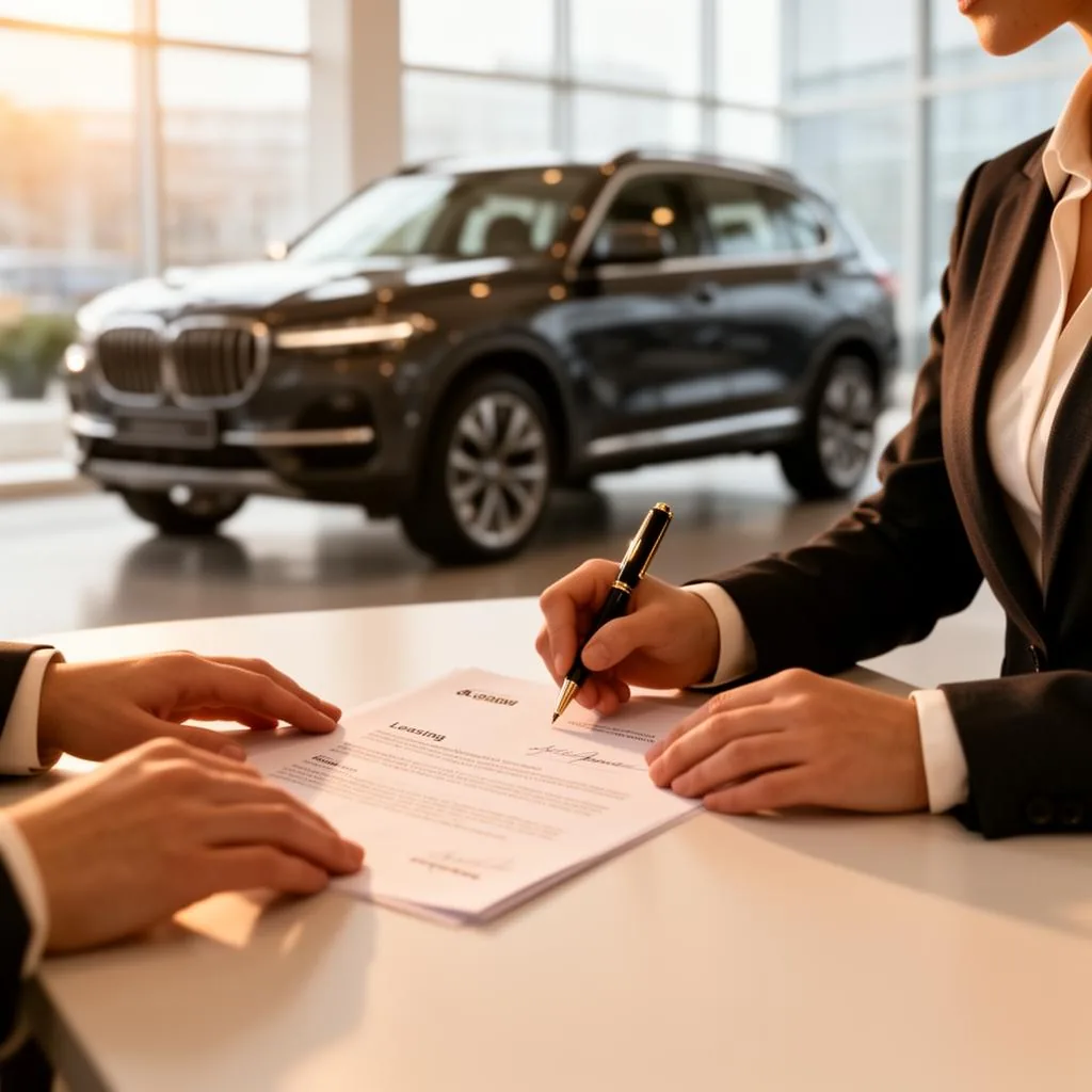Person signing a leasing contract at a dealership